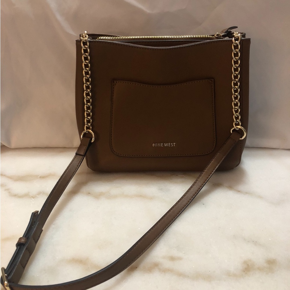 Nine West Chocolate Brown Crossbody Bag with Gold Chain